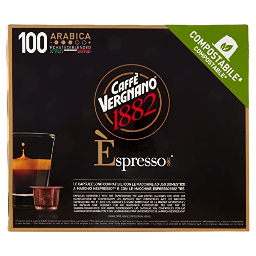 Caffè Vergnano 1882 Èspresso Capsule Compostabili Caffè Arabica, Compatibili Nespresso e con le macchine èspresso1882 trè, Pack da 100 Capsule