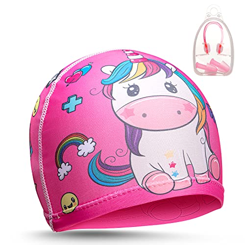 Berretto da bagno per bambini unicorno per bambina – pinza naso + tappi per orecchie inclusi – facile da indossare – berretto da nuoto in tessuto estensibile per piscina – berretto da bagno (rosa)