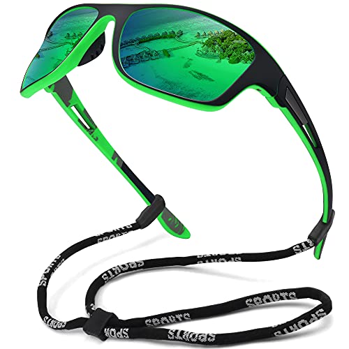 MEETSUN Occhiali da sole sportivi polarizzati per uomo Pesca Ciclismo Baseball Corsa e guida Protezione UV400 Montatura nera-Lente specchiata verde