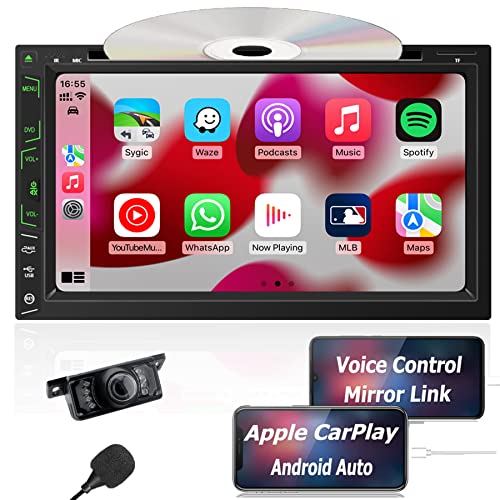Autoradio 2 Din DVD Con Apple Carplay Stereo CD Android Auto Schermo HD da 6.95 Pollici con Bluetooth 5.0 Fotocamera Posteriore/SWC/USB/AV In/Mirror Link/AM/FM/RDS Radio/Subwoofer/1080P Lettore Video
