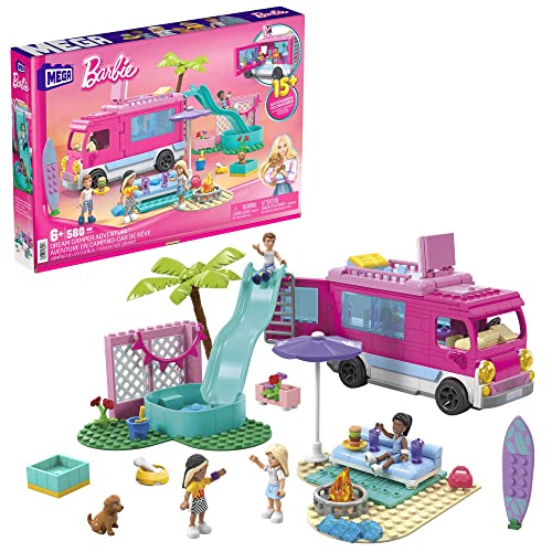 MEGA Barbie - Camper dei Sogni, playset da costruire da 580 pezzi, include 4 mini bambole e tanti accessori, giocattolo per bambini, 6+ anni, HPN80