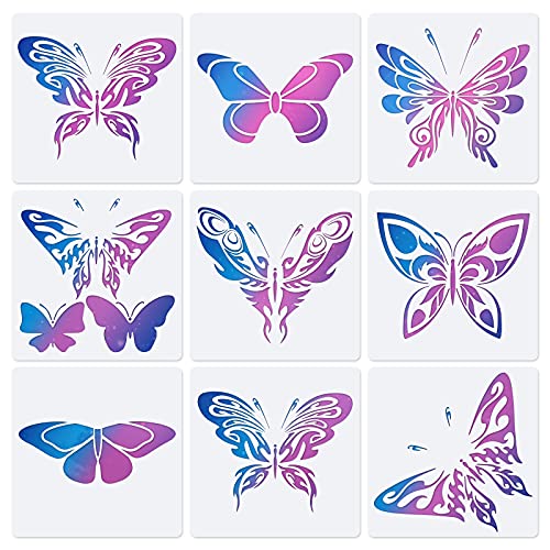 Xijuer Farfalla Stencil Templates, 9 pezzi Riutilizzabili Farfalla Templates per Parete/Mobili, Plastica Disegno Pittura Modello di Stencil per Scrapbook Pareti DIY Decorazione 20 x 20cm