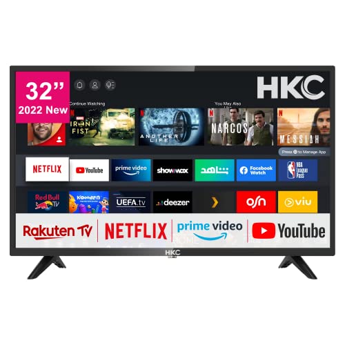 HKC Smart TV 32 pollici (80 cm) Televisore con Netflix, Prime Video, Rakuten TV, DAZN, Disney+, Youtube, UVM, Wifi, Triple-Tuner DVB-T2 / S2 / C
