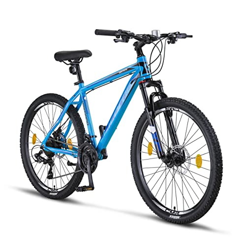 Licorne Bike Diamond Premium Mountain Bike in alluminio, bicicletta per ragazzi, ragazze, uomini e donne, cambio a 21 marce, freno a disco da uomo, forcella anteriore regolabile (26, blu)