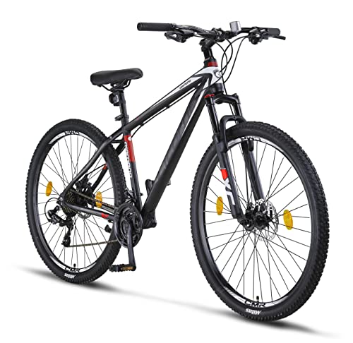 Licorne Bike Diamond Premium Mountain bike in alluminio, per ragazzi, ragazze, uomini e donne, cambio a 21 marce, freno a disco da uomo, forcella anteriore regolabile (29 pollici, nero e bianco)