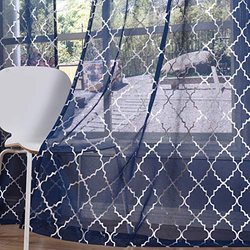 Kotile - Tende per camera da letto, motivo geometrico marocchino, in voile, con occhielli, motivo geometrico, 2 pannelli, larghezza 160 x profondità 220 cm, colore: blu navy e argento