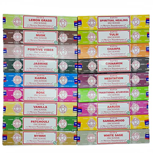 Confezione da 12 scatole di incenso Satya naturali assortite - Ampia varietà di aromi - Champa, salvia, cannella, ruta, lavanda, vaniglia, Sandalo - Per la casa, meditazione, yoga, zen (12 Scatole)