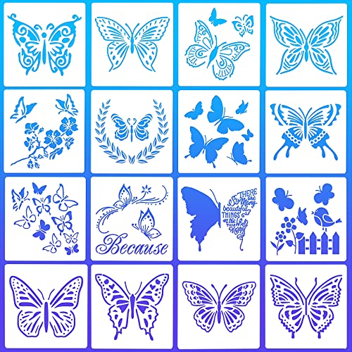 Grevosea 16 stencil a farfalla, piccoli stencil per pittura riutilizzabile, motivo a farfalla, per artigianato, pittura, artigianato, parete, tessuto, pavimento, legno, decorazioni per la 15 x 15 cm