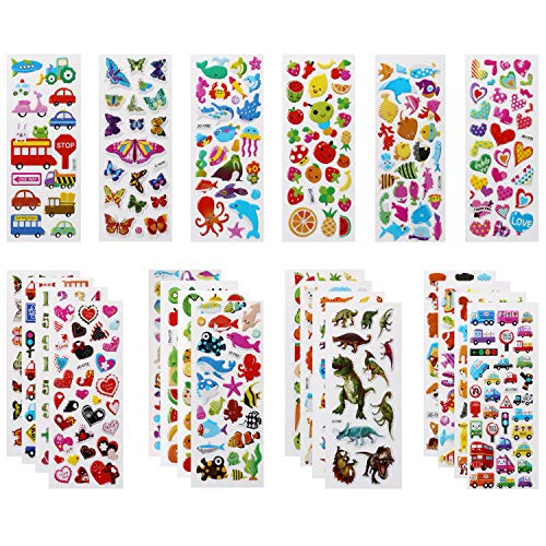 Vicloon Adesivi per Bambini 500+ Adesivi 3D, Puffy Adesivi per Regali Gratificanti Scrapbooking Inclusi Animali, Pesci, Dinosauri, Numeri, Frutta, Camion, Aeroplani e Altro(22 Fogli)