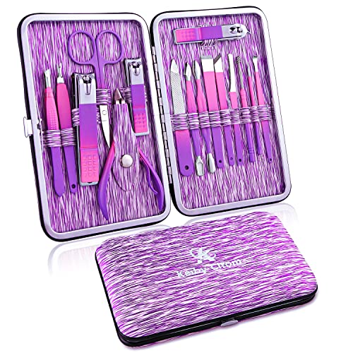 Tagliaunghie Set Professionale - Grooming Kit Strumenti per Manicure e Pedicure 16pcs con Box (Viola)