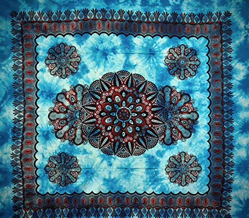 Telo Arredo Copritutto Grande Crochet 210x230 cm 100% Cotone Indiano Stampato Copri divano Gran foulard con Frange (Azzurro)