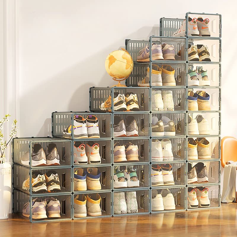 Senhill Set di 6 Scatole per scarpe impilabili trasparenti Contenitori per Scarpe plastica Organizzatori Porta Scarpe Pieghevoli scatole portaoggetti con coperchi (Grigio)